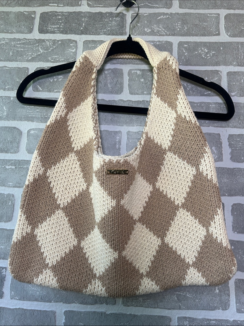 Kopari Knit Hobo Tote Neutral Diamond Pattern Boho Coastal Resort Shoulder Bag - Picture 2 of 5